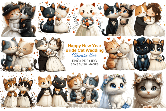 Celebrate in Style: A Festive Cat Bride Clipart Set