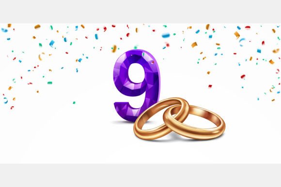 Celebrate Milestones with the Purple Number 9 and Golden Wedding Rings Design