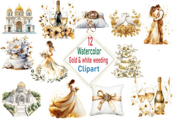 Watercolor Gold and White Wedding Clipar: Your Design Toolkit