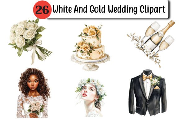 White and Gold Wedding Clipart for Elegant Design Projects